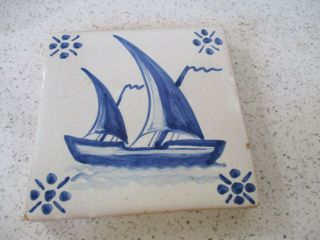 1997 Tile,  Ship,  Blue & White,  Saltillo,  Clay,  Handpainted & Glazed 5.  5 " Signed