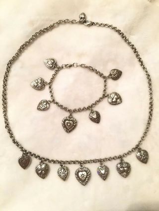 Vintage Sterling Puffy Heart Charm Bracelet Necklace Set Solid 2 Sided 90g 925