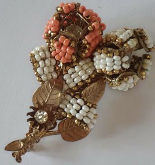 Vintage Miriam Haskell Gilt Beaded Coral White Glass Rhinestone Flower Brooch