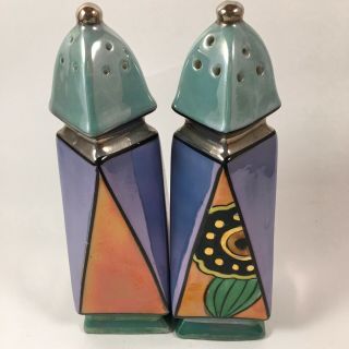 Vintage Art Deco Lusterware Geometric Salt & Pepper Shakers Japan Blue Turquoise