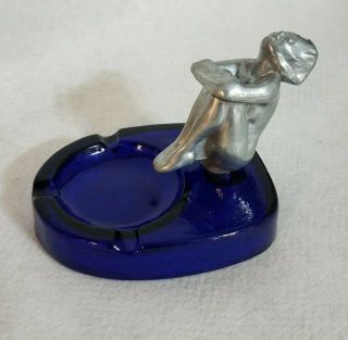 Frankart Art Deco Style Cobalt Glass Ashtray With Figural Nymph Lady