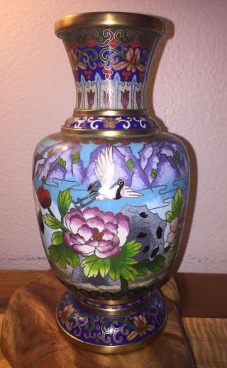 Vintage Chinese Cloisonne 9 " Vase W/colorful Flowers & Cranes