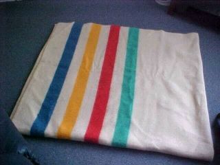 VINTAGE WOOL BLANKET WITH RED,  BLUE,  GOLD,  & GREEN COLOR STRIPES 2