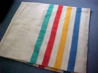 VINTAGE WOOL BLANKET WITH RED,  BLUE,  GOLD,  & GREEN COLOR STRIPES 3