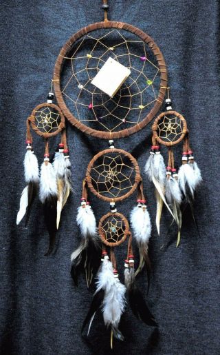 Dream Catcher Brown Wall Hanging Decoration Bead Ornament Feathers Long 22 "