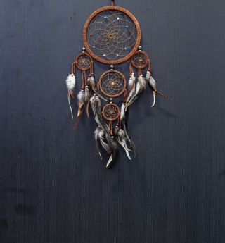 Dream Catcher brown wall hanging decoration bead ornament feathers long 22 