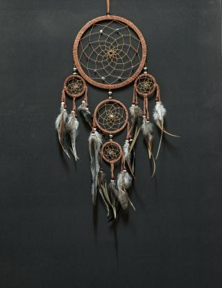 Dream Catcher brown wall hanging decoration bead ornament feathers long 22 