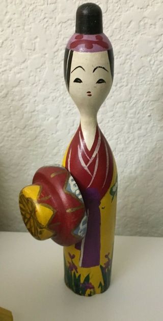 Vintage Japanese Wooden Hand Painted Kokeshi Doll Holding Hat