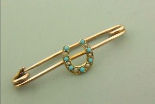 Murrle Bennett 15ct Gold Seed Pearl & Turquoise Horseshoe Brooch