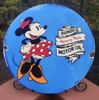 Old 1933 Sunoco Motor Oil Porcelain Sign,  Disney,  Minnie Mouse,  Gas Station