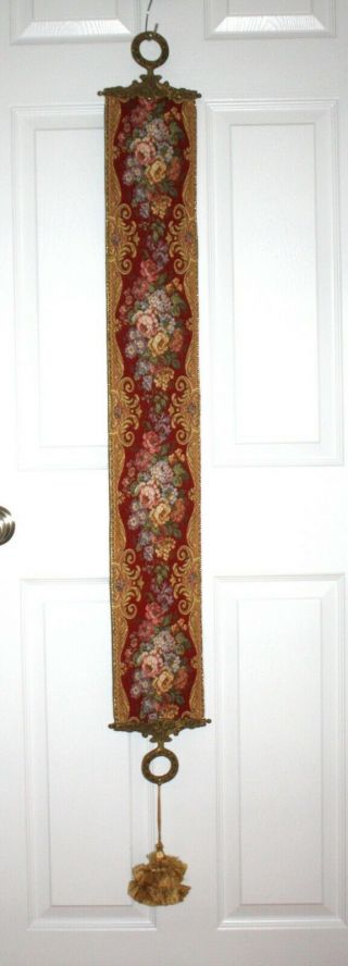 Vintage Corona Decor Bell Pull Tapestry Wall Hanging Brass Ends Floral 49.  5