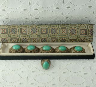 Antique Chinese Export Gold Over 800 Silver Filigree Turquoise Bracelet Ring Set