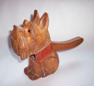 Vintage Art Deco Carved Wooden Scottie Dog Nut Crackers Glass Eyes -