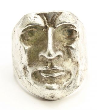 Vintage Artisan Sterling Silver Handmade Modernist Sculpted Face Mask Ring Sz9.  5