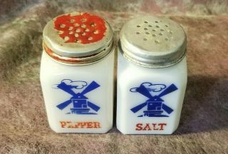 Rc Vintage White Milkglass Salt & Pepper Shakers Red Blue Windmill Made In Usa