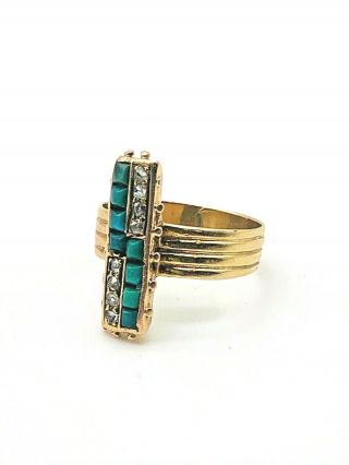 Antique Victorian Ring With Turquoise And Diamonds 14k Gold Size 5.  25