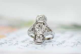 Vintage Art Deco Engagement Ring Retro 3 Stone 14k White Gold 3 Ct Round Diamond