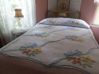 Vintage Pink Peach Yellow Green Blue Flowers Floral Cotton Chenille Bedspread