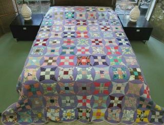 Outstanding Vintage Feed Sack Hand Sewn Curved Nine Patch Quilt 109 " X 93 " Good