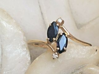 Vintage Estate 14k Gold Blue Sapphire Diamond Ring Bypass Shank 2 Marquise