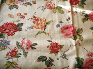 Antique Vintage French Floral Roses Cotton Fabric Red Pink Yellow Butter Cream
