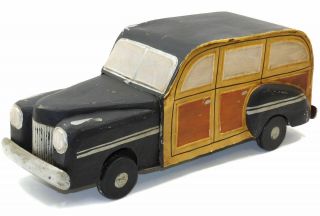 Vintage Handmade Tin And Carved Wood Folk Art Woody Station Wagon Toy Car 17 "