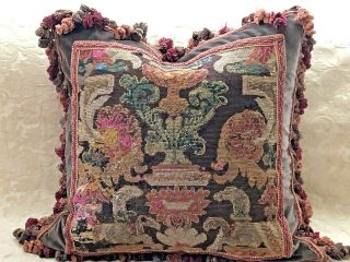 19th Century Antique Needlepoint Tapestry Pillow Lions & Urns &birds Woolwork