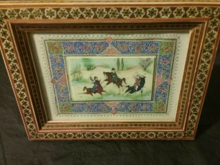 Russian Or Turkish Wood Picture Frame Horses Signed Ari