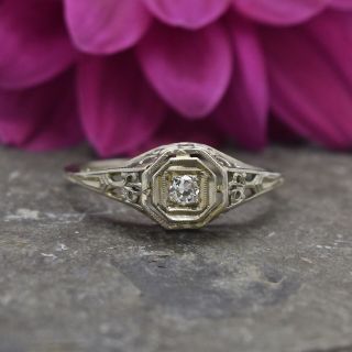 18k White Gold Antique Art Deco Filigree Diamond Ring Size 8
