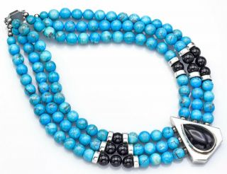 Vintage Sterling Silver Turquoise & Onyx Beaded Multi - Strand Necklace 206.  8g