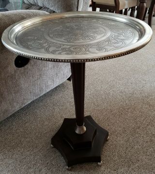 Embossed Vintage Round Side Accent End Table With Silver Metal Top,  Metal Base