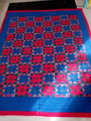 Lovely Vintage Hand Stitched Star Pattern Quilt 62 " X 78 " Red Green Christmas