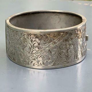 Antique Victorian Sterling Silver Engraved Floral Design Hinged Bangle Bracelet