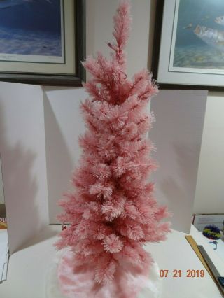 Vintage Pink Bottle Brush Nylon Christmas Trees W/ Lights Skirt Stand 36 " X 16 "