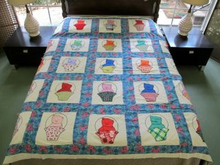 Vintage All Cotton Hand Sewn Applique Cats Kittens In Basket Tied Quilt; 78 " Sq