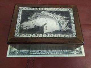 Hand Made Wood And Metal Engraved Box With Horse Head Scene Thailand