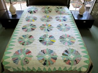 Well Vintage Feed Sack Hand Sewn Applique Dresden Plate Tied Quilt,  Small