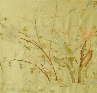 Large Panel 19th C Hand Embroidered Chinese Silk With Birds & Flowers