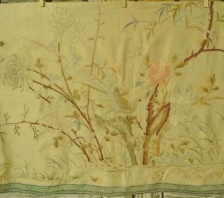 Large Panel 19th C Hand Embroidered Chinese Silk With Birds & Flowers 3