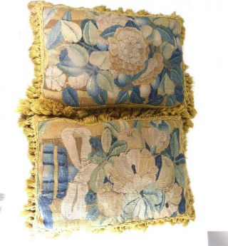 Pair Antique 17th 18th Century Aubusson Verdure Tapestry Cushions