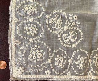 19th C.  Whitework Embroidered Applique Handkerchief Fancy Monogram Study Piece