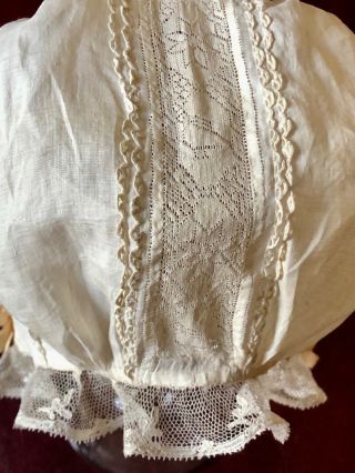 Bonnet With Long Hollie Point Needle Lace Insertion Early 18th C.  Birds Flowers