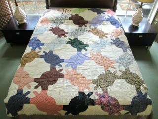 Vintage All Cotton Hand Sewn Turtles Quilt: Stained,  Needs Laundering; 83 " X 62 "