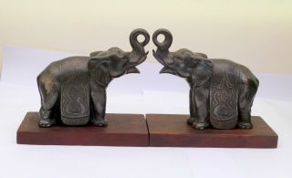 Lovely Antique Bronze Spelter Elephant On Hardwood Book Ends From France.