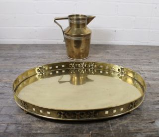 Vintage Arts & Crafts Style Brass Jug & Pierced Tray With Stamp.