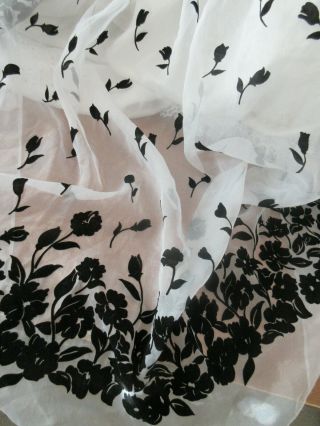 Vintage Flocked Fabric White Sheer Black Flowers Border From Vtg.  Dress 2 2/3 Yd