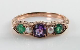 Suffragette 9k 9ct Rose Gold Amethyst Emerald Pearl Eternity Art Deco Ins Ring