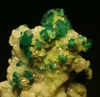 Dioptase Gemmy Crystals W/ Duftite On Calcite Matrix Fine Tn Tsumeb Mine