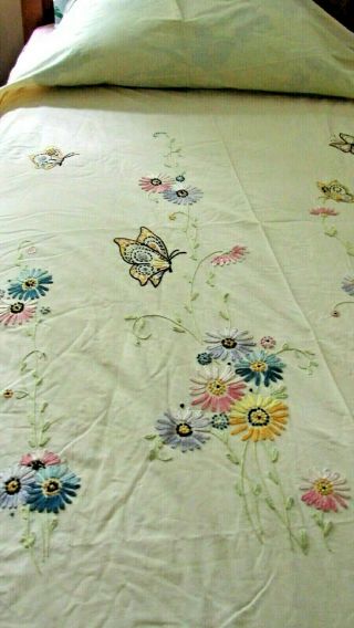 Antique 1920s 30s Hand Embroidered Butterflies & Flowers Cotton Bedspread