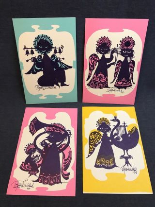 Set Of 4 Vintage 1974 Bjorn Wiinblad Mid Century Modern Angel Cards Harp Bells